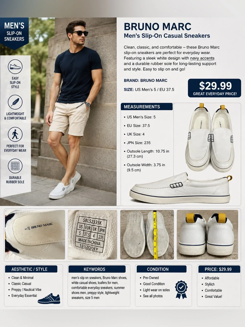 Bruno Magli White Leather Slip-On Loafers with Navy and Yellow Accents